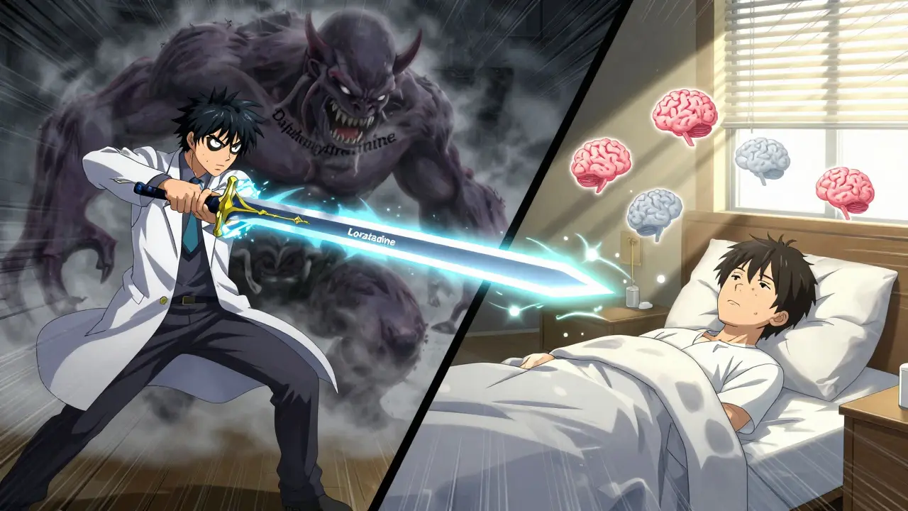 Heroic second-gen antihistamine sword strikes down a foggy demon, contrasting clear vs. foggy brain states.