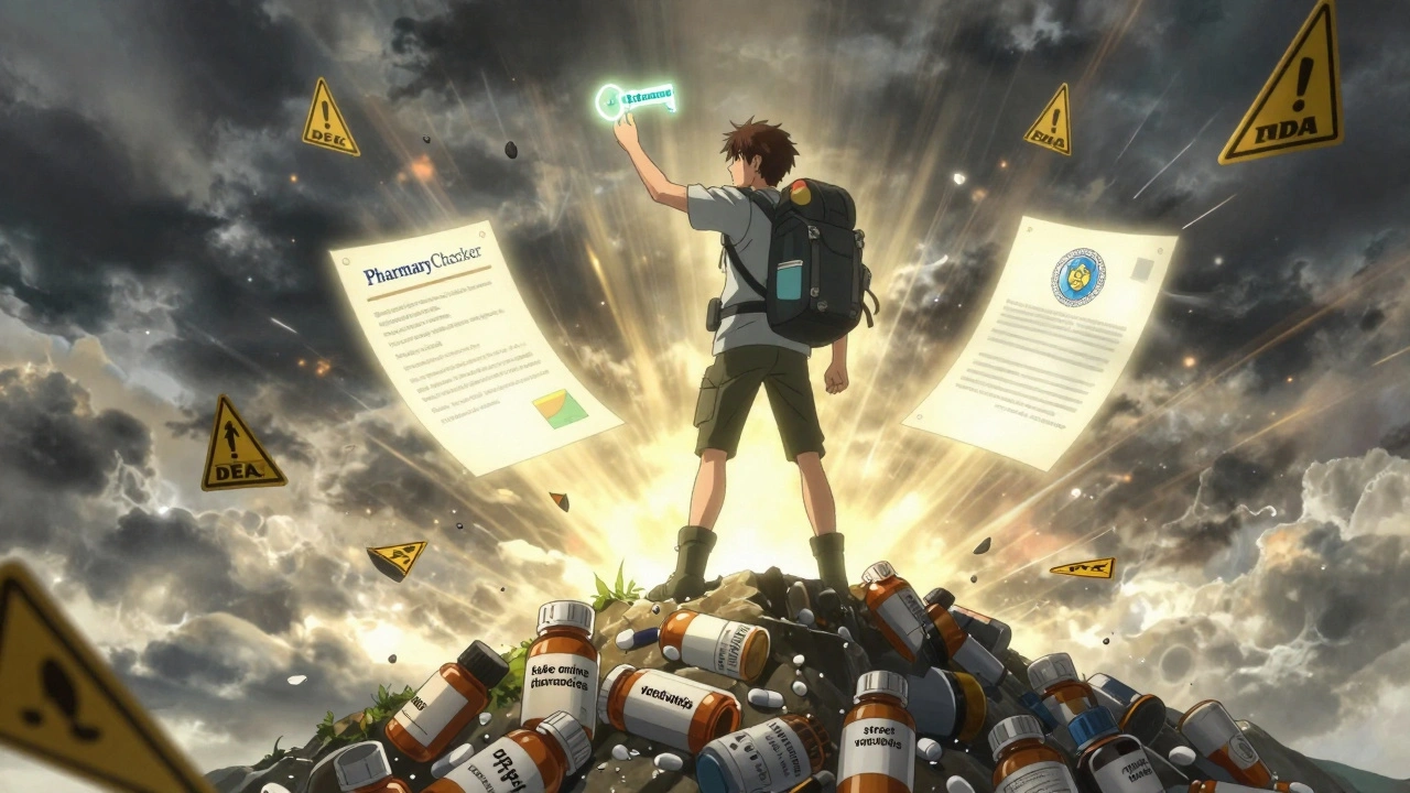 Heroic traveler unlocking a safe pharmacy portal while standing on a pile of dangerous fake meds.