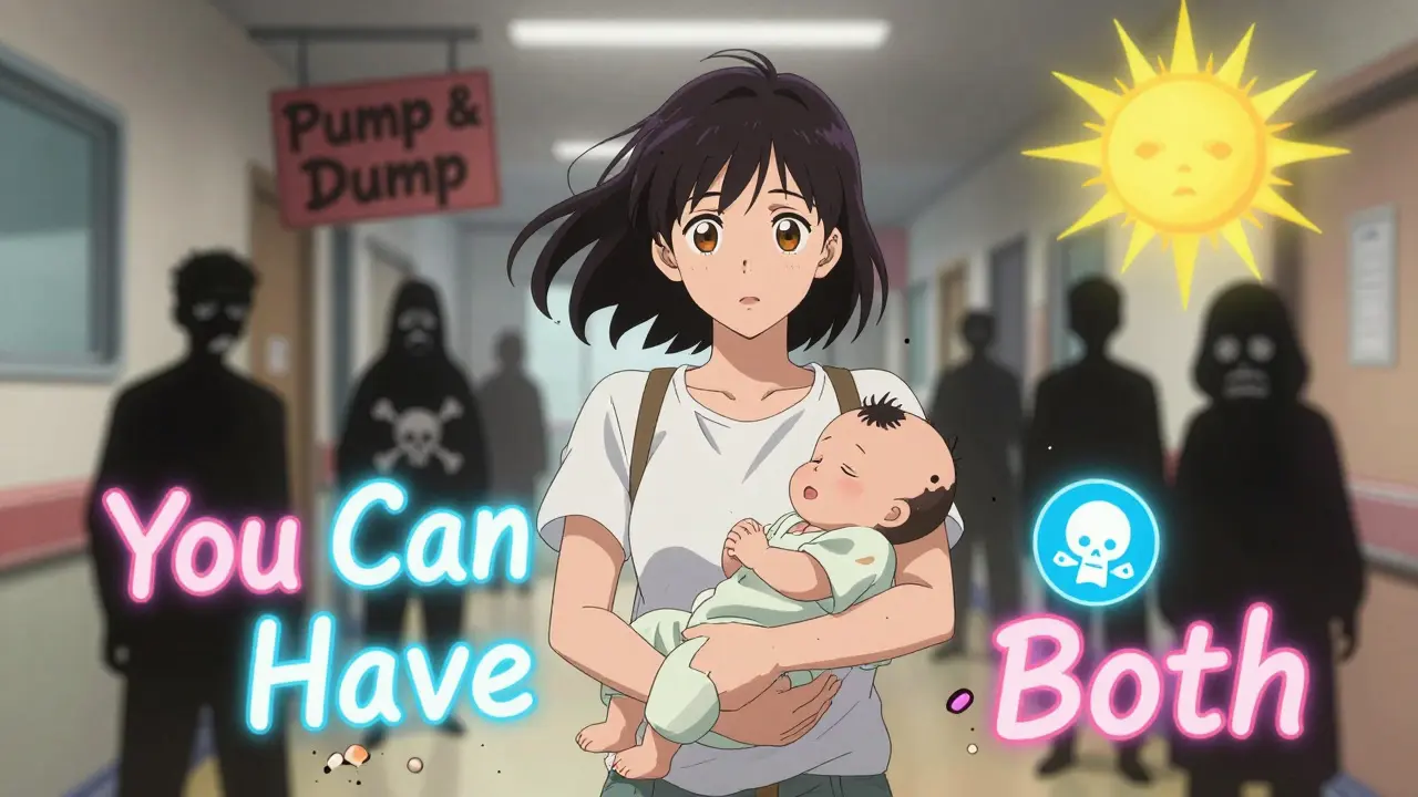 Mother holding baby as fears crumble, glowing safety icons shine behind her, sunrise in background.