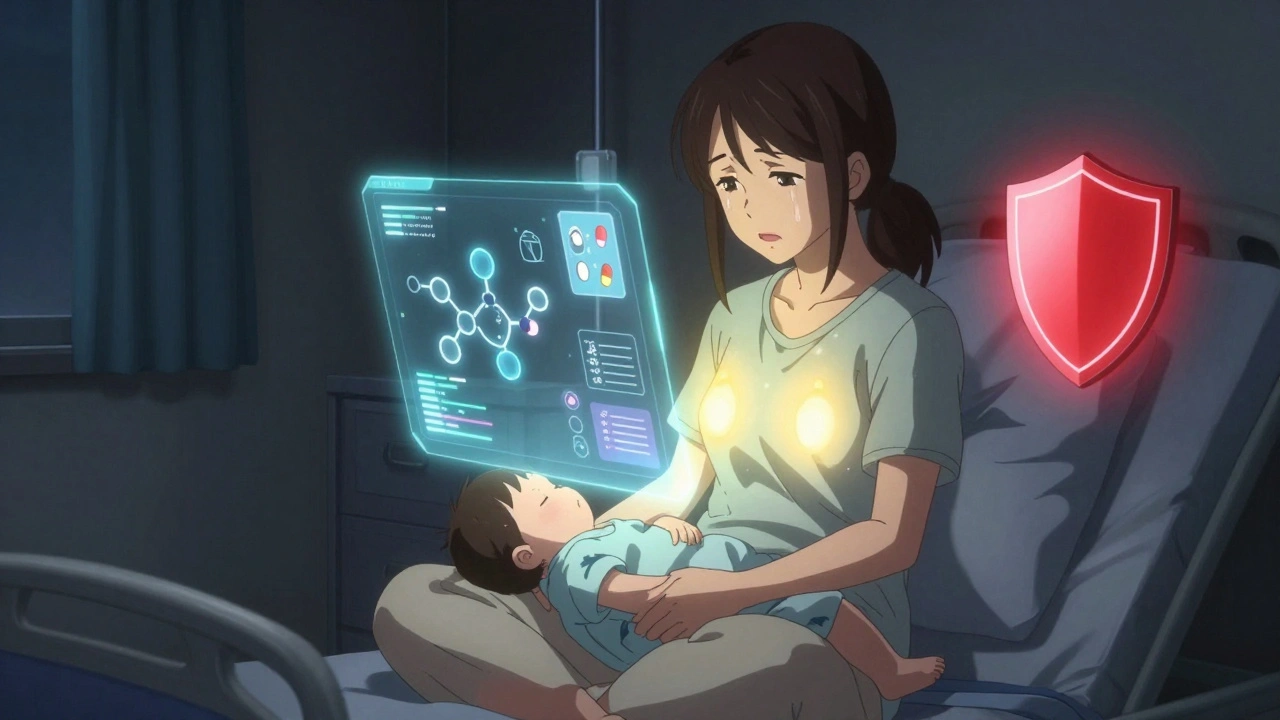 Mother reading LactMed data on a glowing tablet while her baby sleeps beside her, scientific symbols glowing softly in the dark room.
