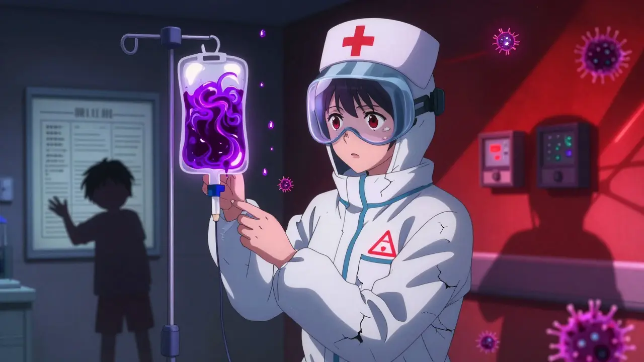 Nurse handling toxic chemotherapy IV in a flickering hospital room with glowing contamination particles.