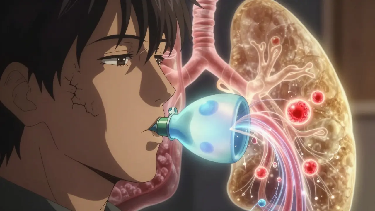 Patient holding breath as oxygen molecules flow into blood vessels in stylized anime scene.