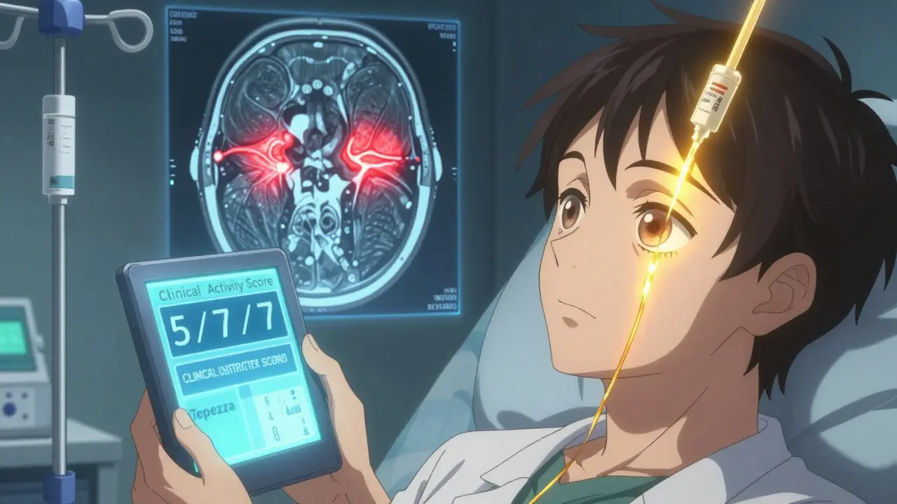 Patient receiving Tepezza infusion as golden energy reduces eye swelling, with floating MRI showing inflamed muscles.