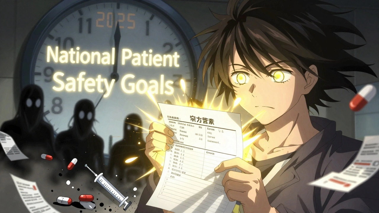 Patient stands confidently with a glowing medication list, shadows of errors crumbling at their feet.