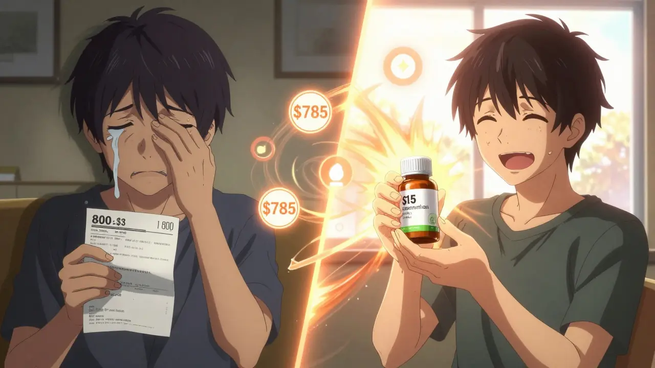 Patient transitioning from despair over expensive brand-name medication to joy with affordable generic pill, sunlight bursting through.