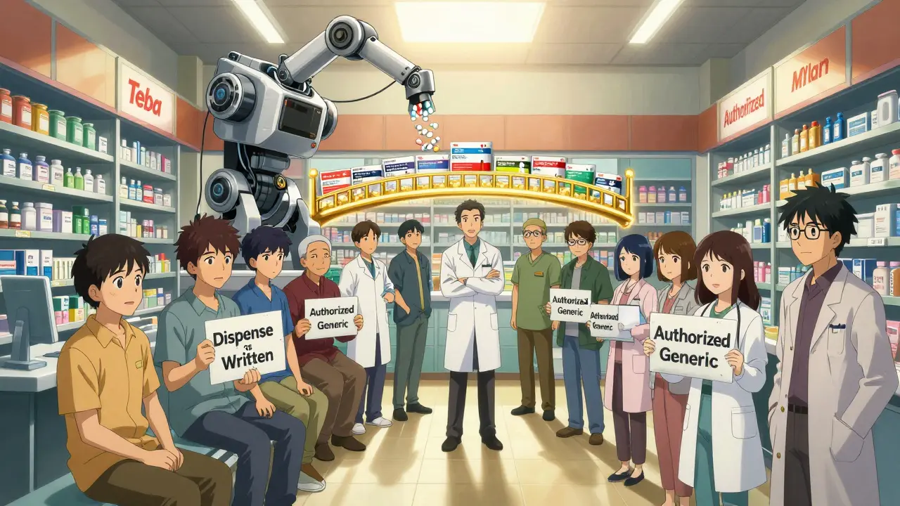 Patients and providers stand together in a pharmacy, holding signs for safe generic use under a rising sun.