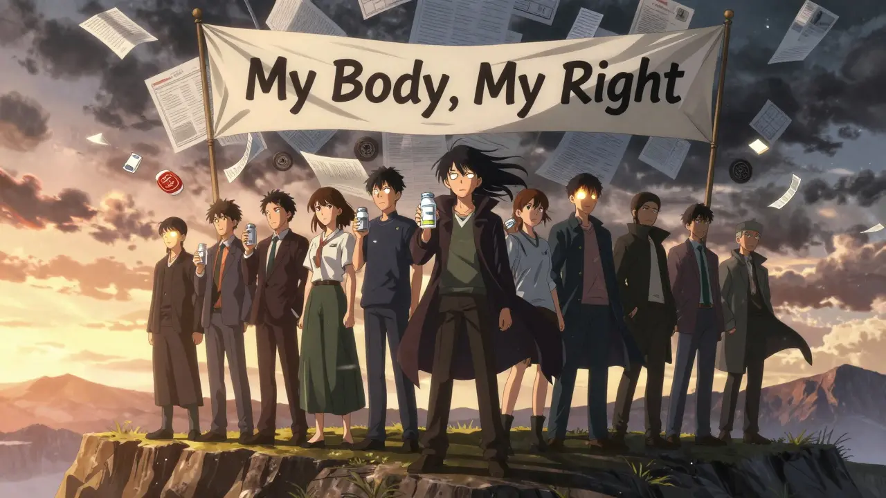 Patients stand united on a cliff at sunrise, holding medication bottles as bureaucratic storms rage behind them, banner reads 'My Body, My Right'.