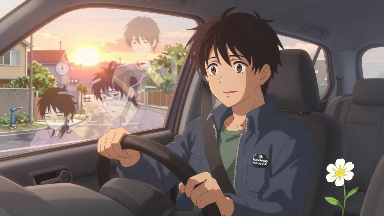 Person drives safely at sunrise, past struggles dissolving into light, flower on passenger seat.