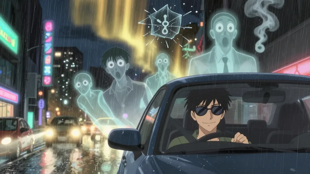 Person driving at night with restored vision, smiling in reflection, past struggles dissolving into light.