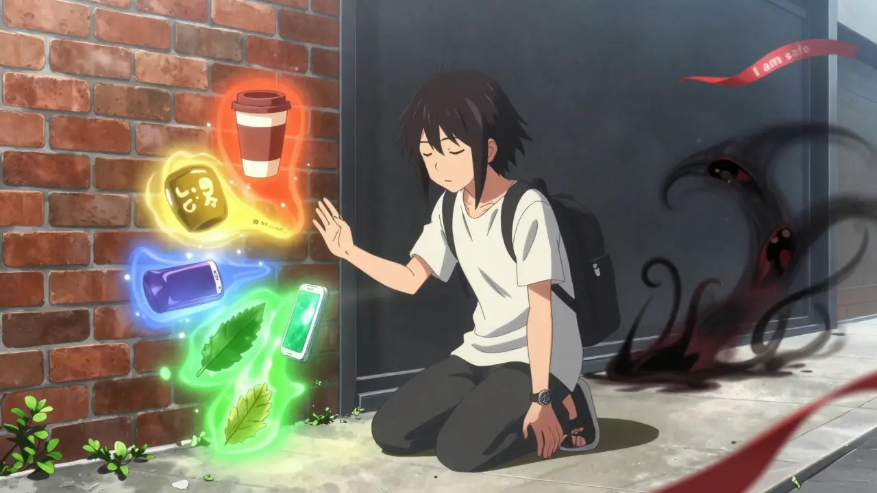 Person grounding themselves with five sensory objects as fear recedes