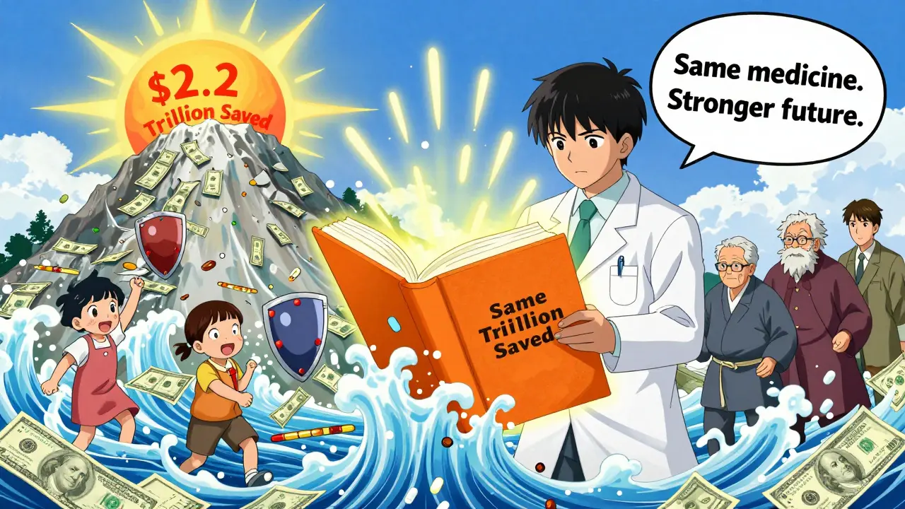Pharmacist opens Orange Book releasing affordable medicine shields as money turns to ash in anime style.