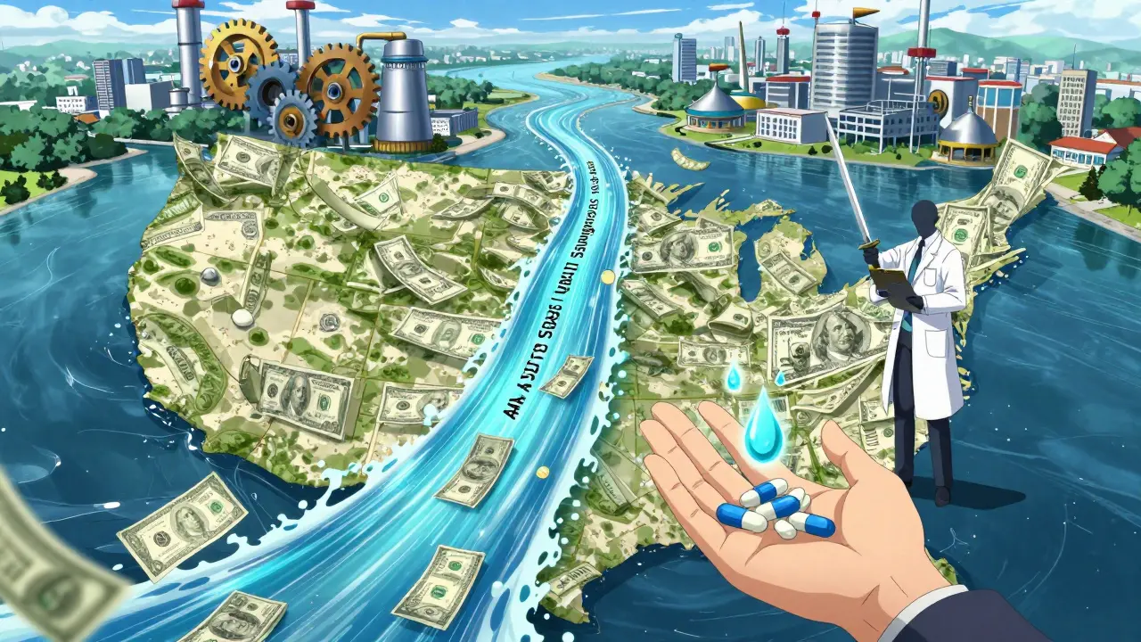 River of money flowing across the U.S. map, with FDA savings feeding into total generic savings, patients catching pill-shaped cash.