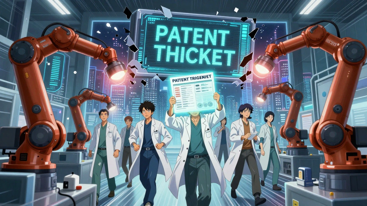 Scientists in a high-tech factory race to complete a generic drug application as patent barriers crumble around them.