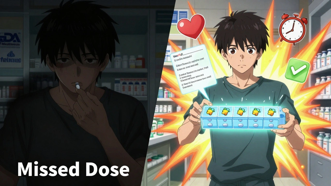 Split scene: one side shows danger from missing a pill, the other shows empowerment with a glowing pill organizer and reminders.