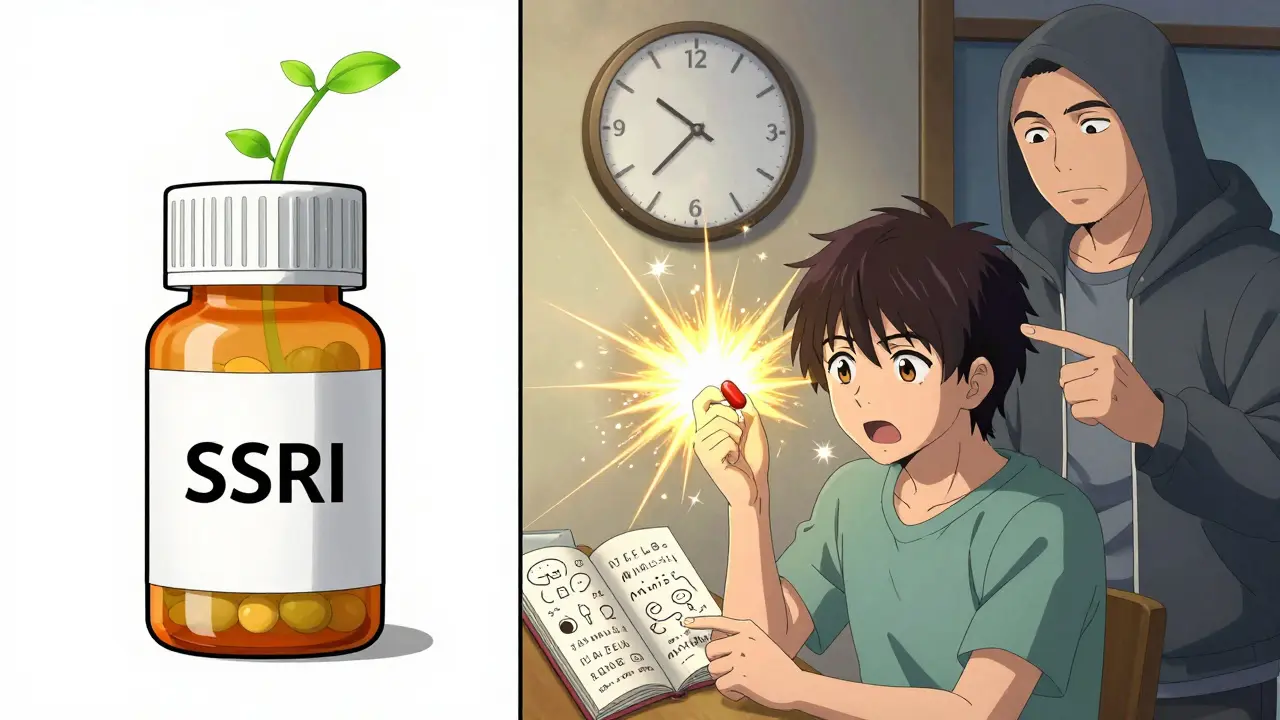 Split scene showing SSRI growth versus benzodiazepine burst with journal mentor
