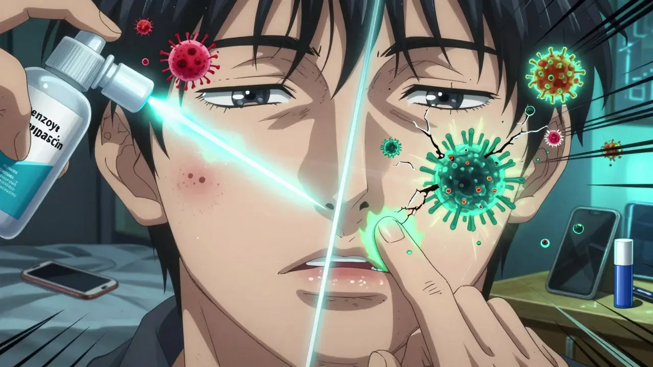 Split-screen treatment: antiviral cream on cold sore vs. acne treatment on pimple