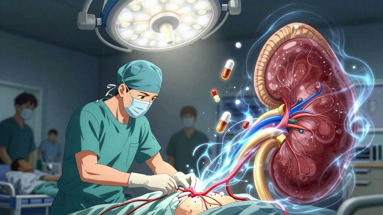 Surgeon performs a transplant with glowing energy flowing through blood vessels, pills floating like talismans in anime style.