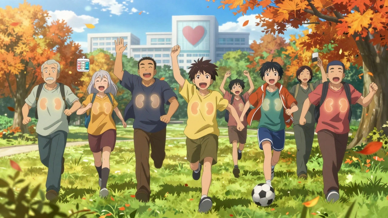 Transplant recipients run through a sunlit park, golden kidney emblems glowing on their chests in anime style.