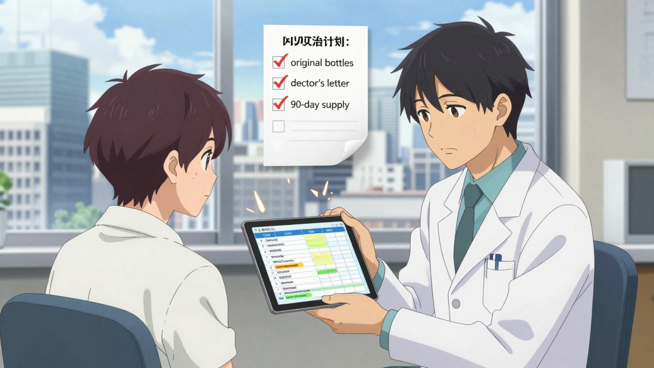 Traveler and doctor reviewing medication info on a tablet in a Tokyo clinic, city skyline visible through window.