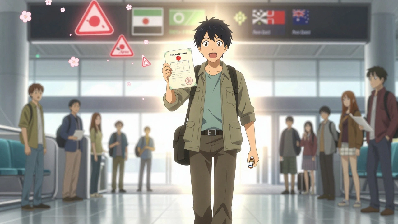 Traveler exiting an airport with a stamped permit, fading warning signs turning into cherry blossoms.