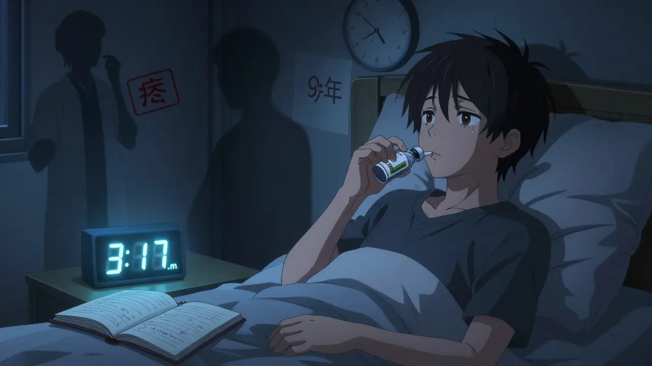 Young patient takes sodium oxybate at 2 a.m., sleep diary open, past misdiagnoses fading in shadows.