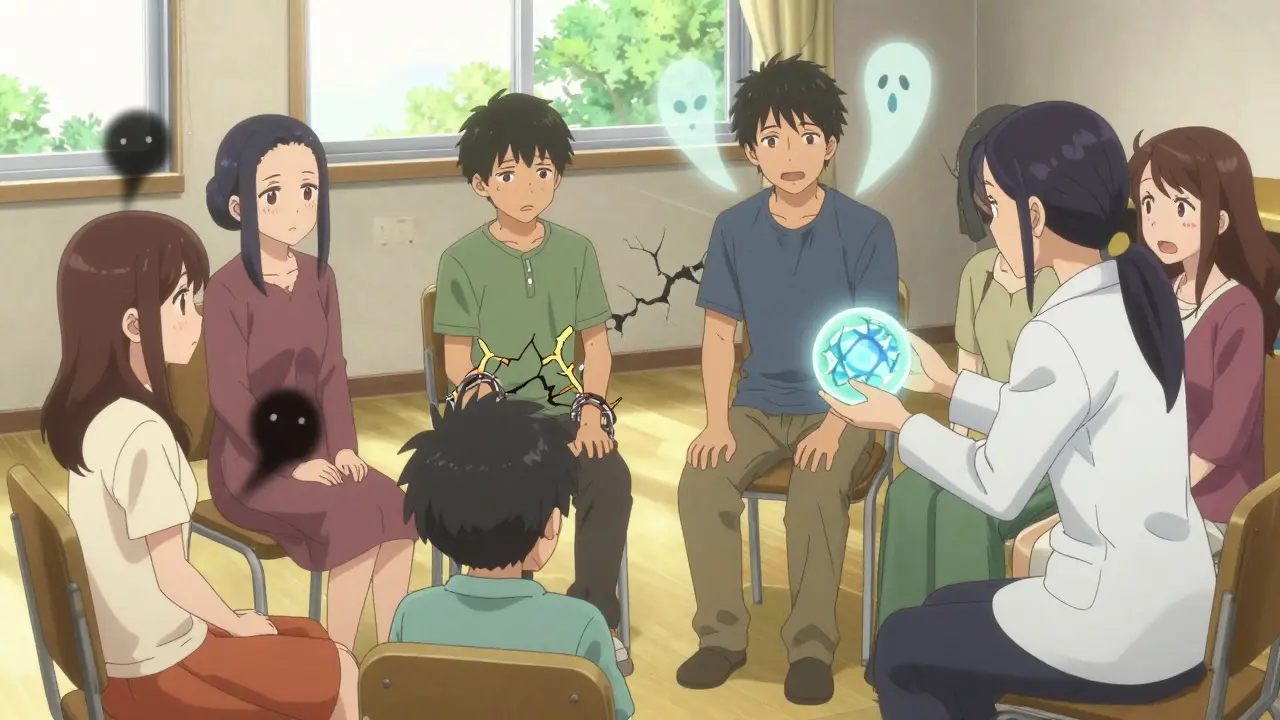 A diverse group in therapy, their struggles visually represented as symbols, unified by a therapist's glowing orb of integrated care.