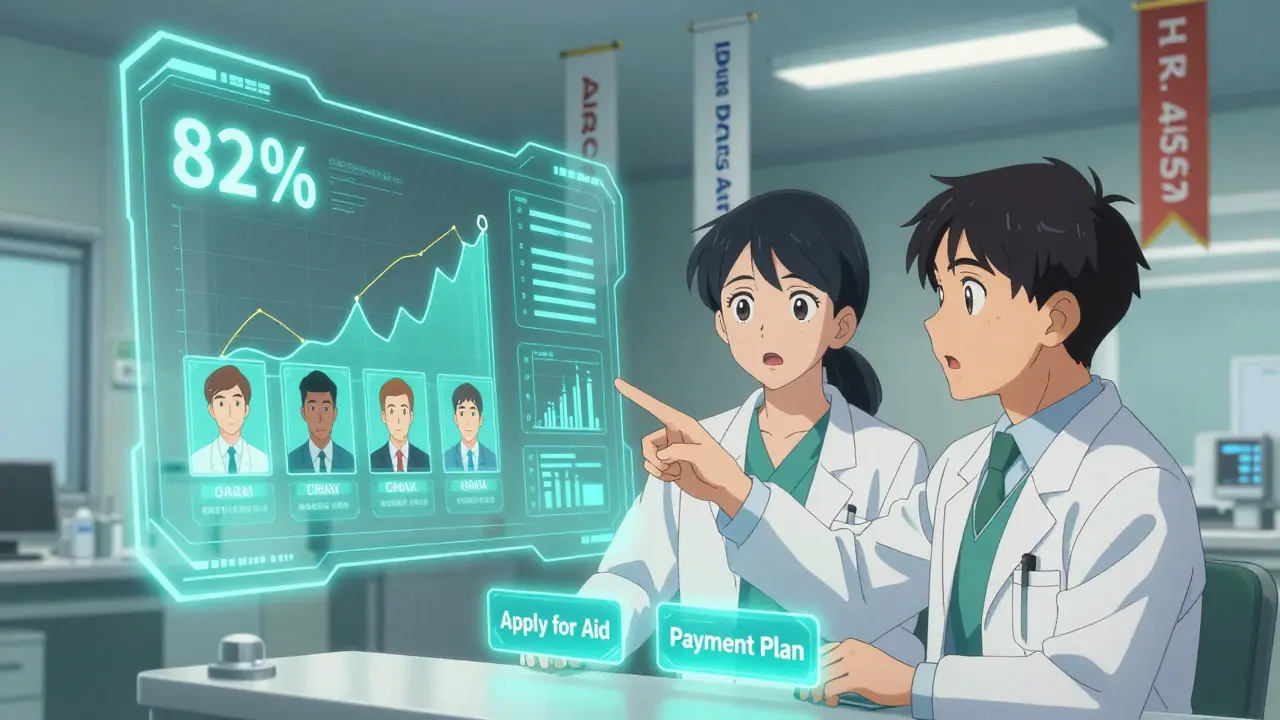 A doctor and navigator using a futuristic AI system to identify patients at risk of financial toxicity.