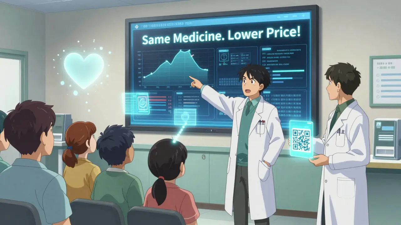 A doctor and pharmacist show holographic data to patients in a clinic, dispelling doubts.