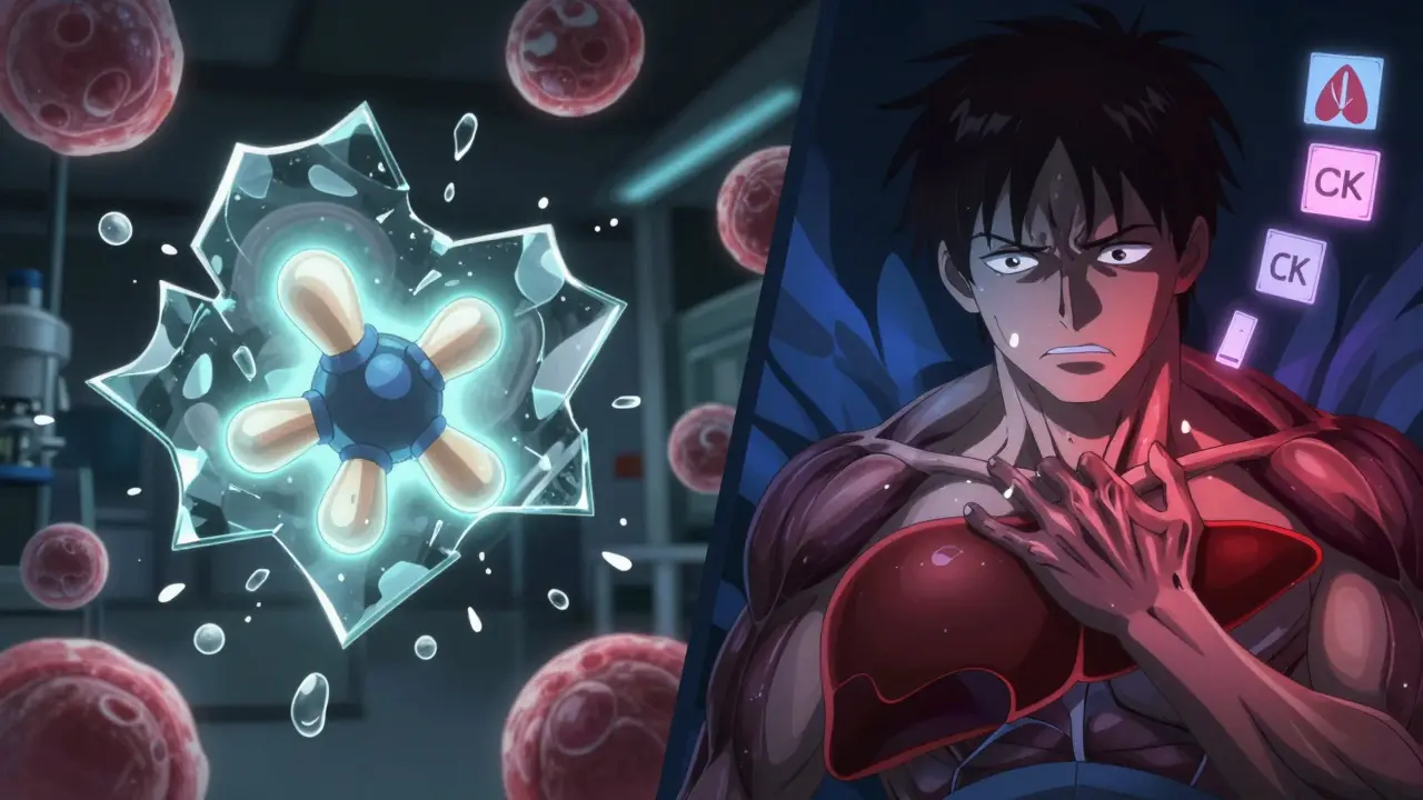 A glowing rosuvastatin molecule passes safely through liver cells while muscle pain fades away.