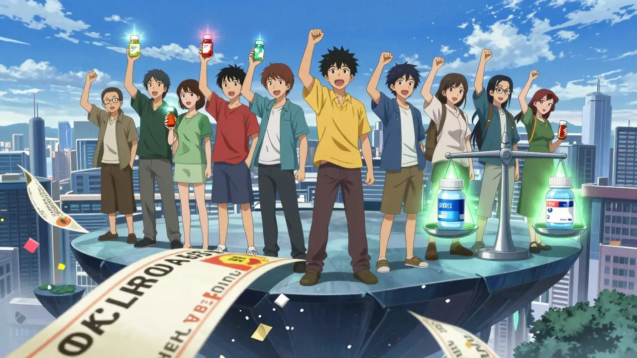 A group of people on a floating platform transforming brand-name drugs into generics, with prices crumbling below.