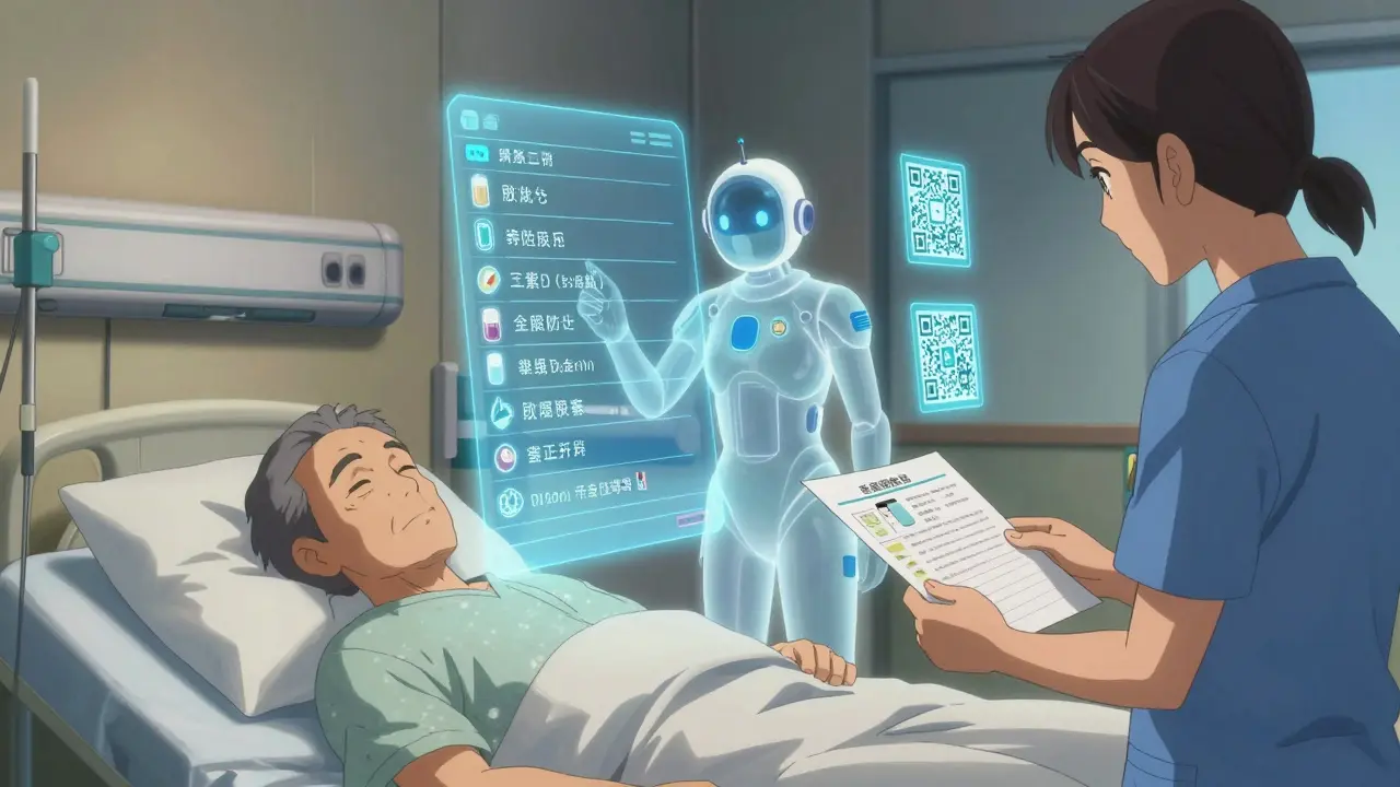 A holographic medication list floats above a sleeping elder, caregiver holds printed copy, AI spirit nearby.