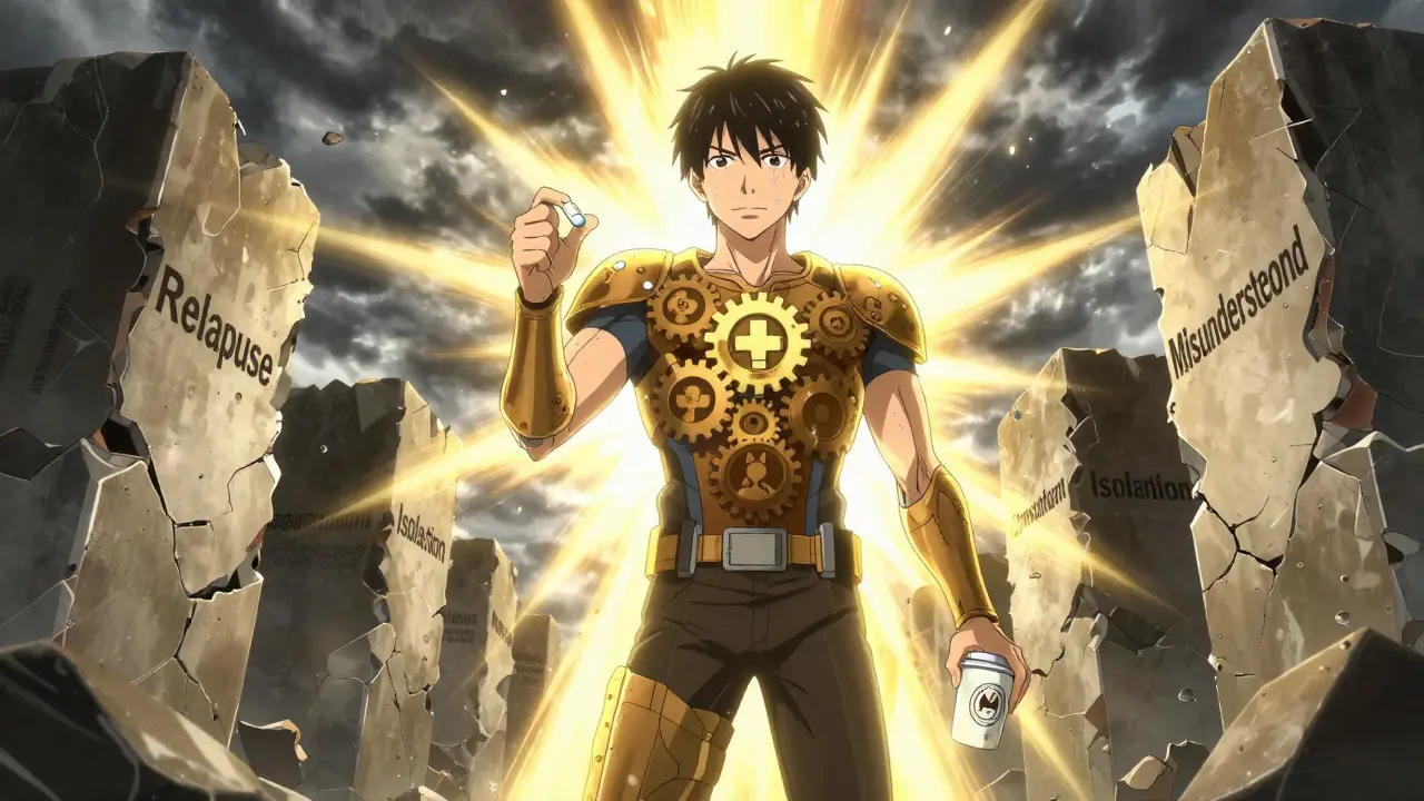 A protagonist breaking free from relapse walls as a radiant armor of integrated treatment components activates around them.