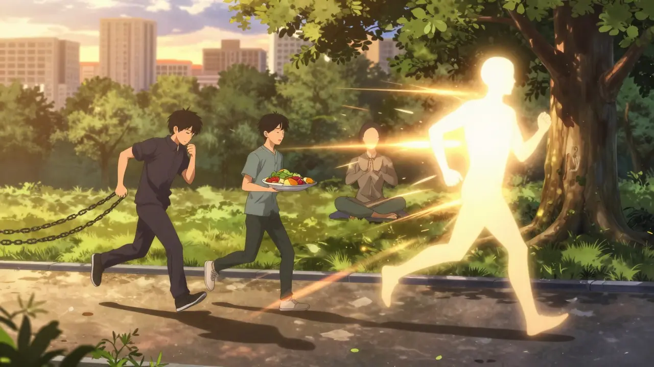 A runner at sunset with three shadows merging into one brighter version of themselves.