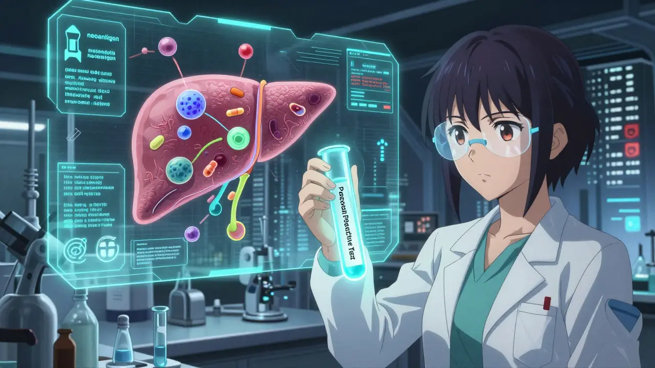 A scientist holds a glowing test tube while holograms show immune cells attacking liver tissue in a high-tech lab.