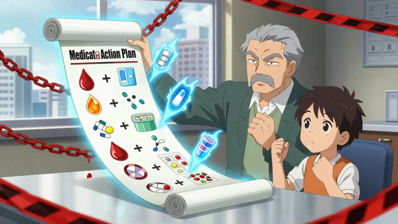 A senior and family member reviewing a glowing medication plan with a pharmacist, dangerous drug interactions breaking apart.