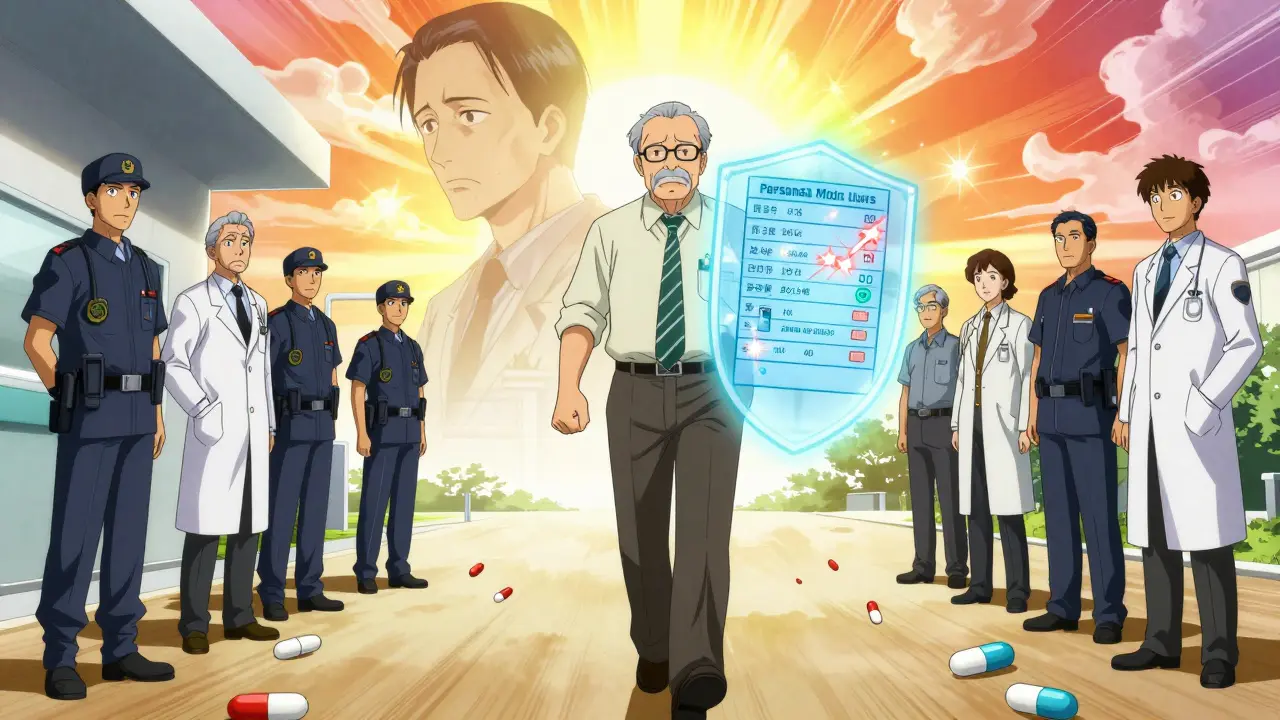 A senior entering an ER with a glowing medication list that creates a protective shield, leaving behind a faded confused version of themselves.