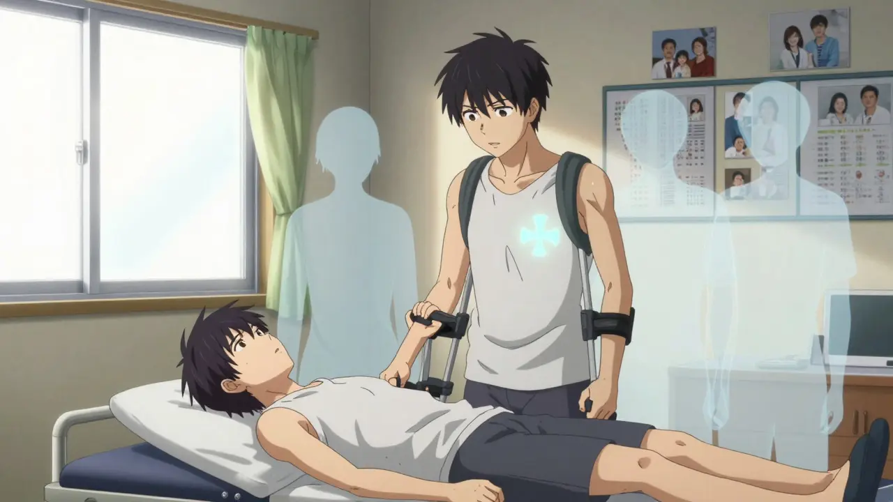 A sepsis survivor struggles to stand during physical therapy, ghostly images of their former self watching, sunlight symbolizing hope in the background.