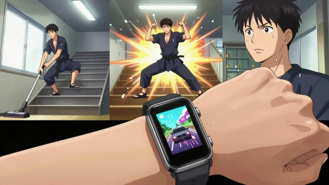 A wristwatch glitching with false steps, while the person performs daily NEAT activities like vacuuming and climbing stairs with energetic effects.