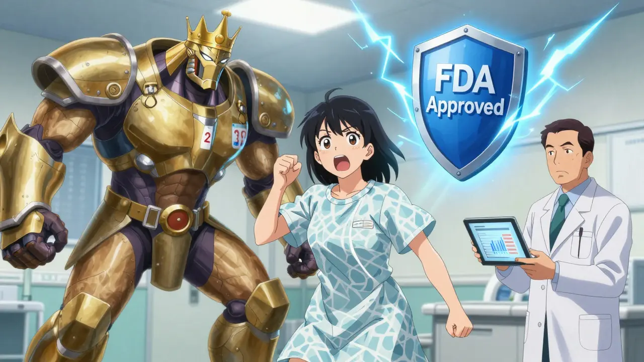 A young woman in a hospital gown battling a monstrous brand-name drug with a heroic generic pill, lightning flashing between them.