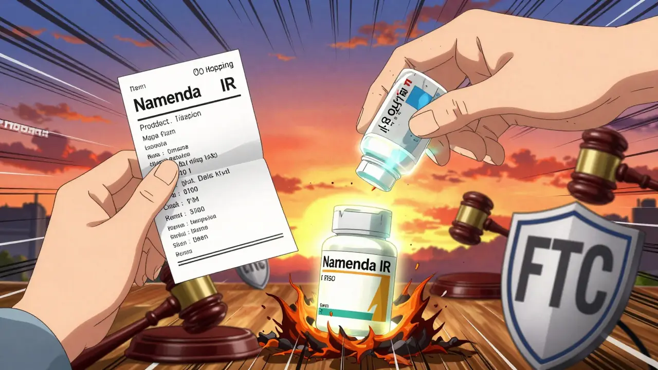 Brand drug being erased as generic rises with court symbols in background