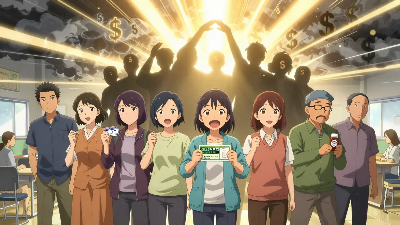 Cancer survivors united in a community center, holding symbols of financial aid under a beam of hopeful light.