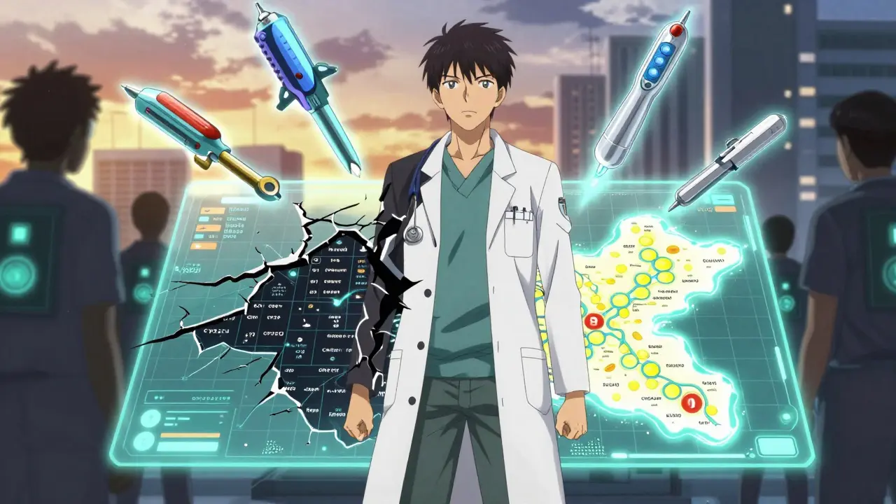 Cardiologist facing a genetic map with three advanced antiplatelet drugs glowing as protective spirits.