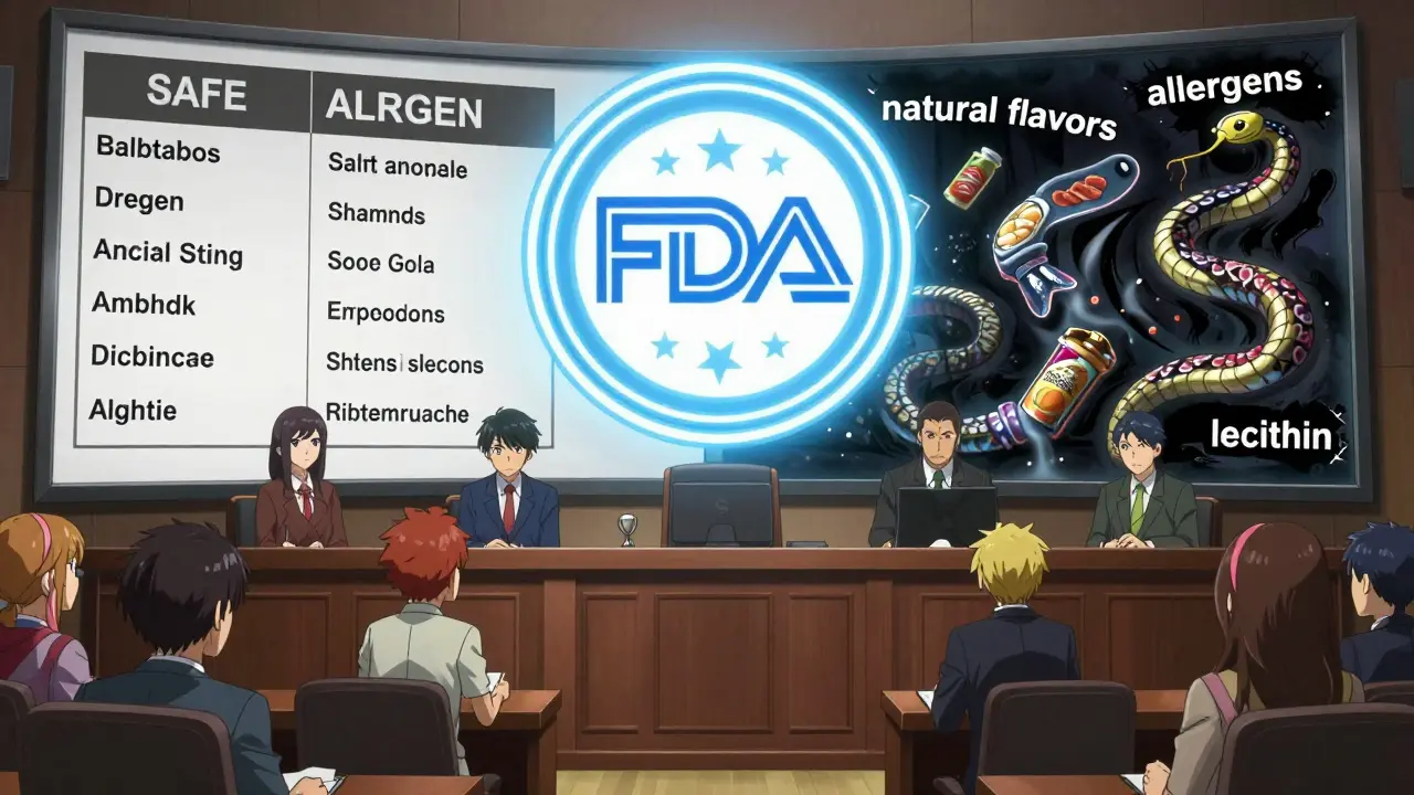 Courtroom battle over food labeling with giant FDA seal and hidden allergens as serpents