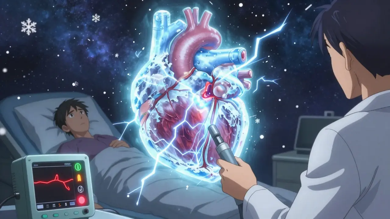 Cryoablation balloon freezing a pulmonary vein with frost and warning nerve monitor.