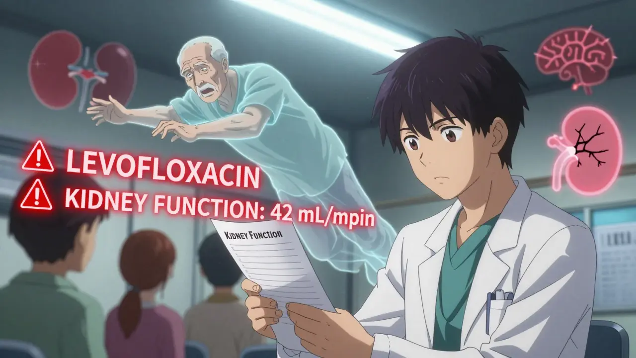 Doctor reviewing chart with flashing warnings about fluoroquinolone and kidney function.