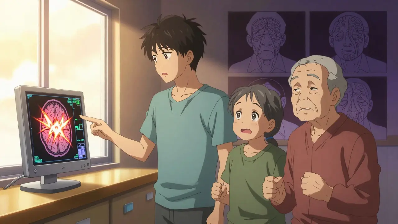 Family watches as elderly patient recovers, brain scan showing GABA and NMDA receptors stabilizing.