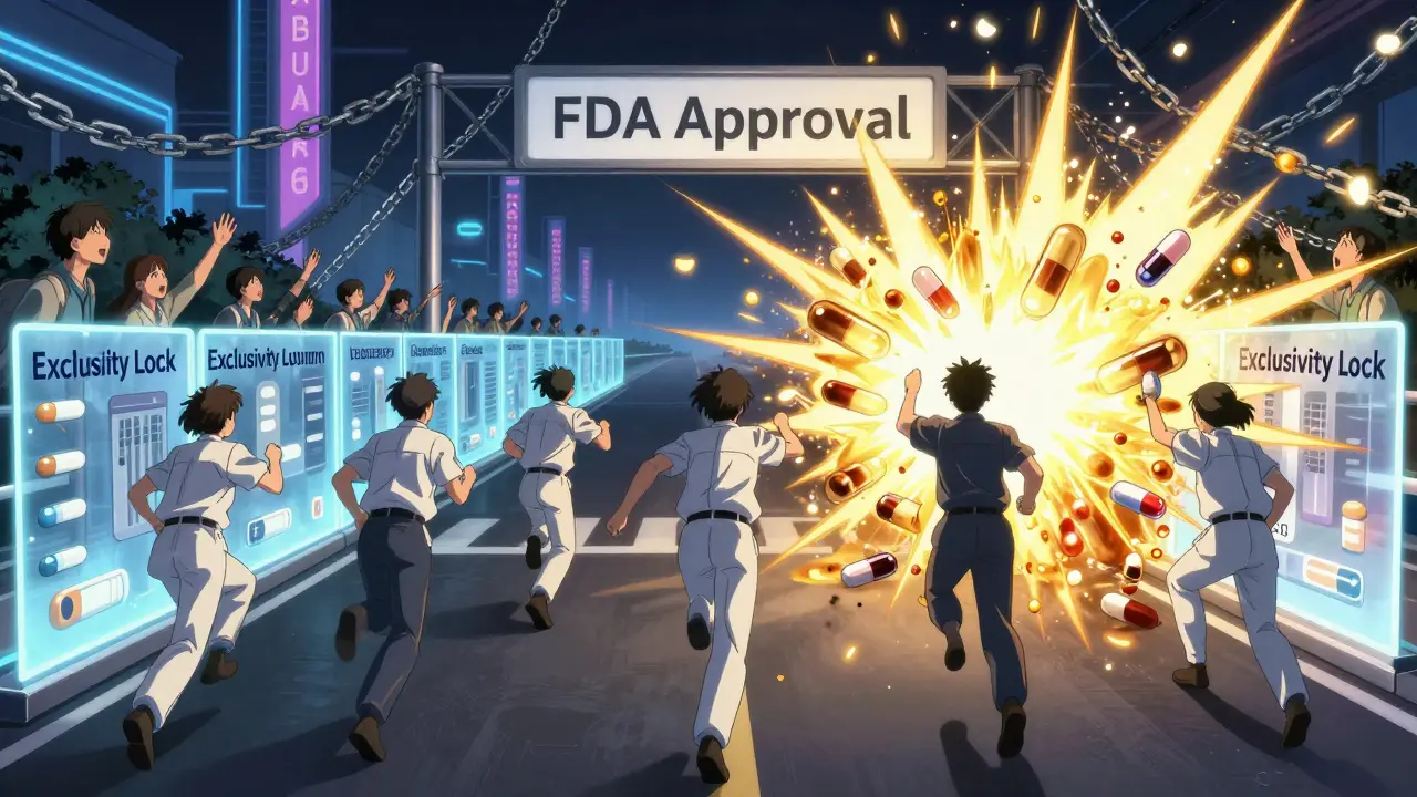 Five generic companies race toward FDA approval, but only one breaks through the exclusivity barrier.