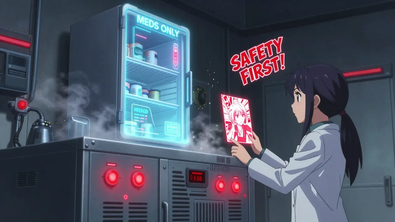 Holographic smart storage system showing locked meds in fridge and ventilated chemicals below with safety sensors glowing.