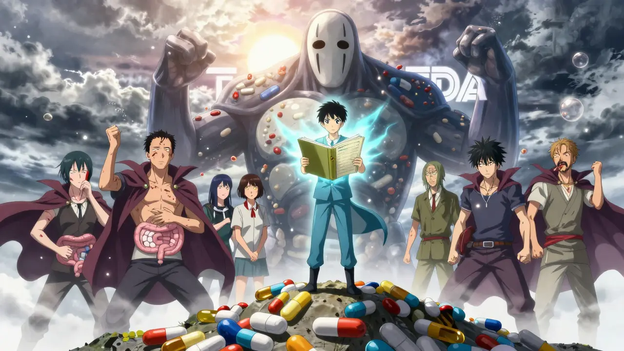 Patient holding a medication diary, facing a giant excipient monster, with allies rising behind them at dawn.