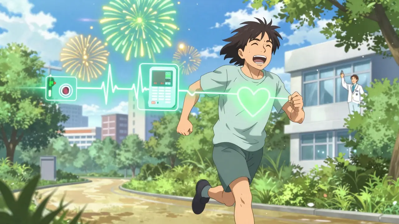 Patient running freely with glowing heart, symbols of treatment fading into sunset.